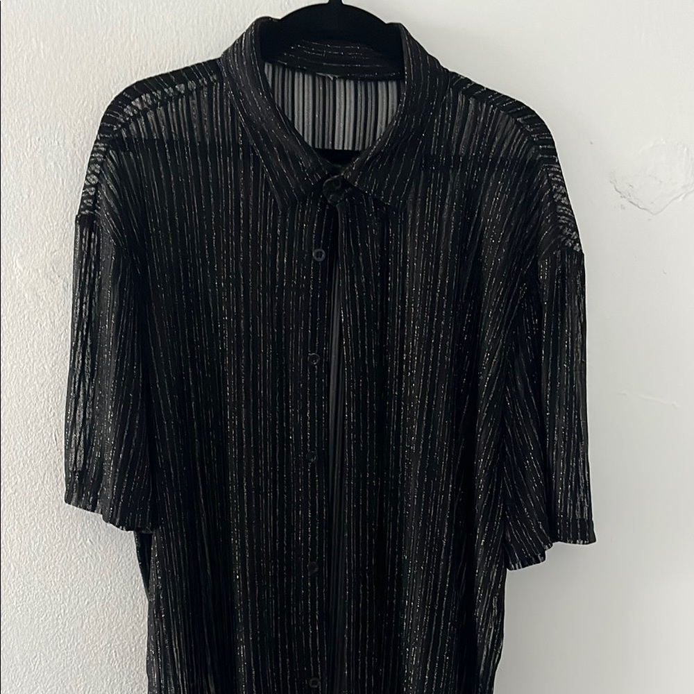 Sheer Black Striped Button-Up Blouse